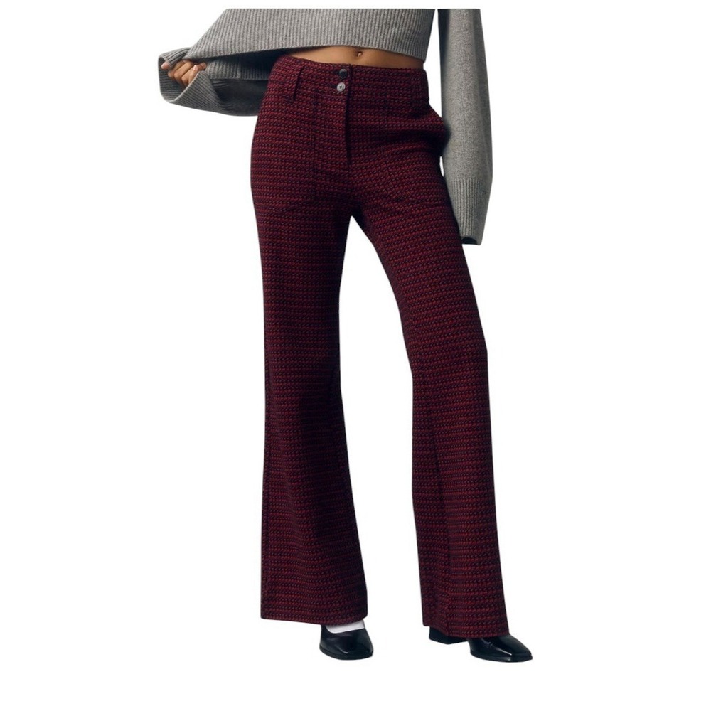 Anthropologie Maeve The Naomi Flare Wide Leg Pants Sz 16P Houndstooth Red ST13-4